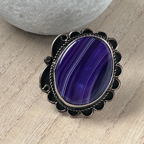Gary Nez Navajo Purple Banded Agate Native American Huge Signed GN Ring Size 8